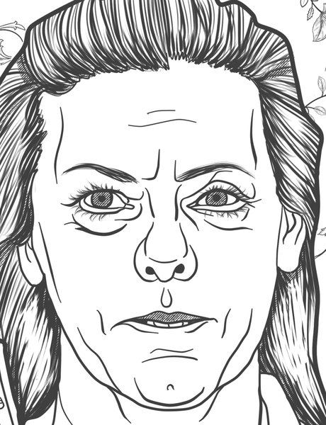 Hand-drawn portrait of Aileen Wuornos from the Bloody Alphabet coloring page