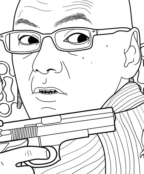 Hand-drawn portrait of Andrew Urdiales from the True Crime Activity Book coloring page