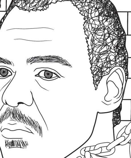 Hand-drawn portrait of Carl Eugene Watts from the Bloody America coloring book