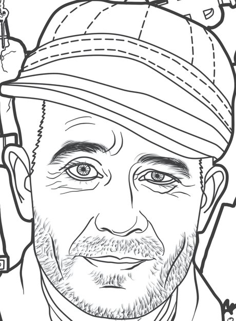 Hand-drawn portrait of Ed Gein in a cap, from the Bloody Alphabet coloring page
