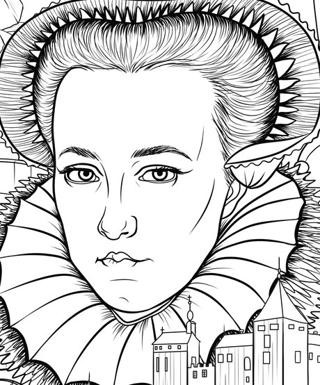 Hand-drawn portrait of Elizabeth Báthory from the True Crime Activity Book coloring page