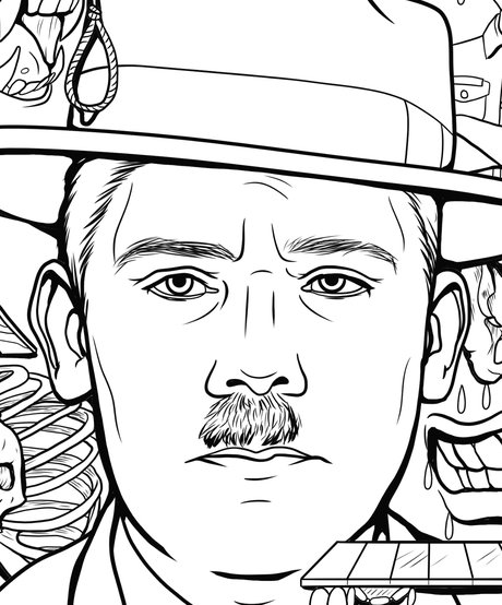Hand-drawn portrait of Fritz Haarmann from the True Crime Activity Book coloring page