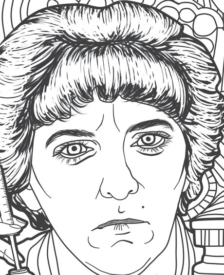Hand-drawn portrait of Genene Jones from the Bloody Alphabet coloring page