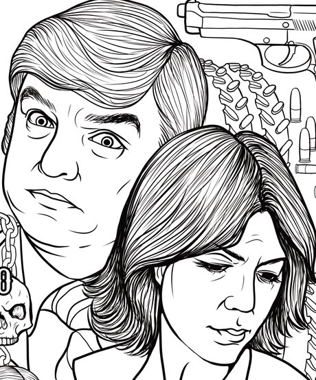 Hand-drawn portraits of Gerald and Charlene Gallego from the True Crime Activity Book coloring page