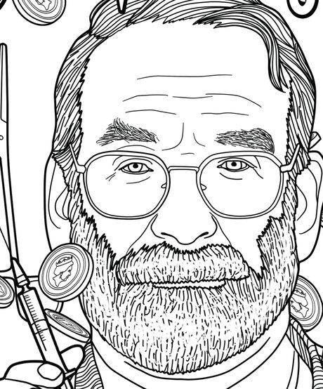 Hand-drawn portrait of Harold Shipman from the True Crime Activity Book coloring page