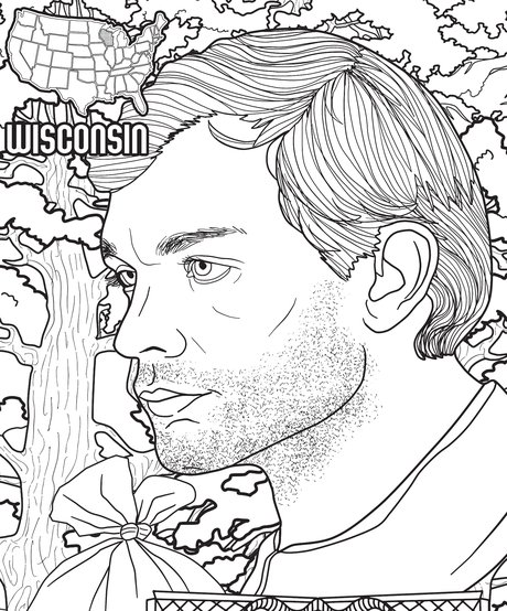 Hand-drawn portrait of Jeffrey Dahmer from the Bloody America coloring book
