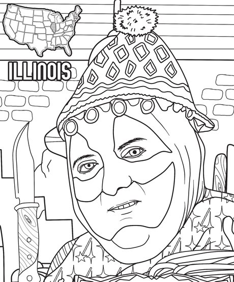 Hand-drawn portrait of John Wayne Gacy from the Bloody America coloring book