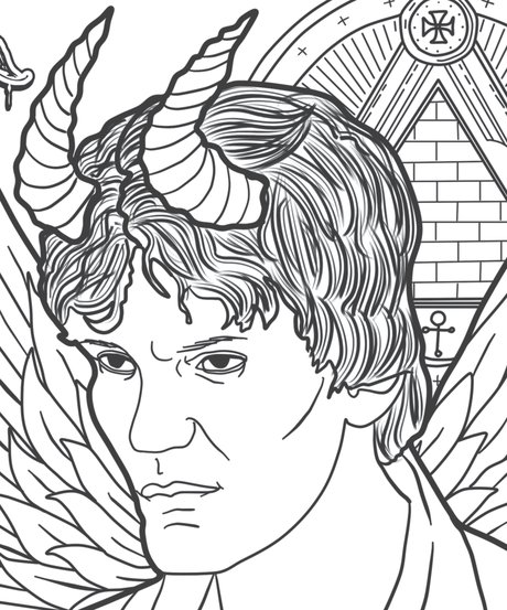Hand-drawn portrait of Richard Ramirez with horns, from the Bloody Alphabet coloring page